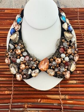 Tasha Crystal Collar Necklace in Rose Gold, Blue and Champagne